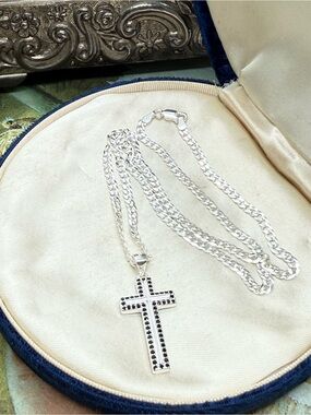Sterling Silver Black CZ Cross Pendant Necklace